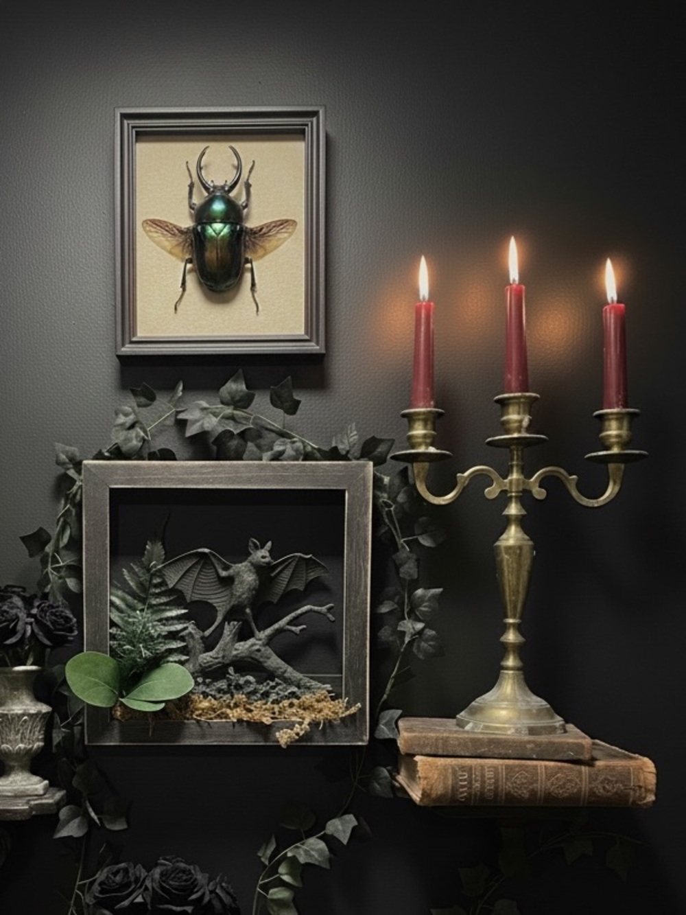 Gothic Bat Shadowbox with Faux Ferns - Black 🦇🪴